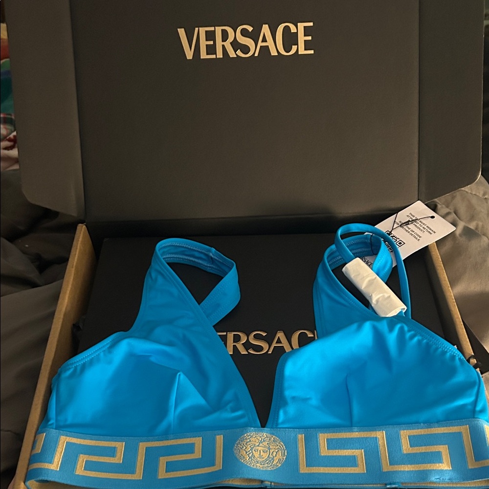 Versace Turquoise and Gold Medusa Bikini Top - Picture 2 of 7